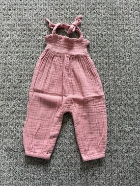 Smocked Pink Cotton Gauze Romper with Tie Straps